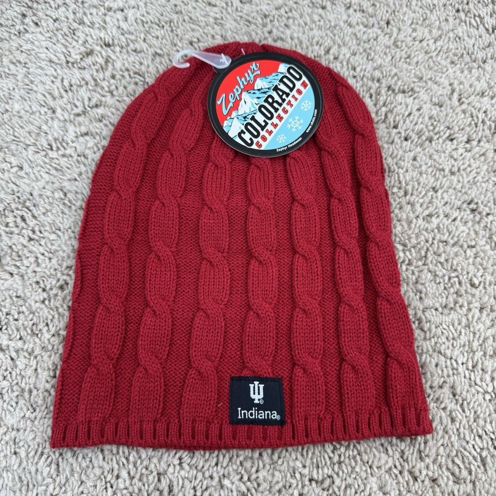 Indiana Hoosiers Beanie Zephyr Womens Cable Knit Red Black‎ Patch Logo Cap NWT